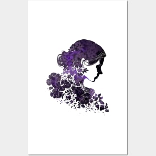 Silhouette of Woman with Purple Flowers Posters and Art